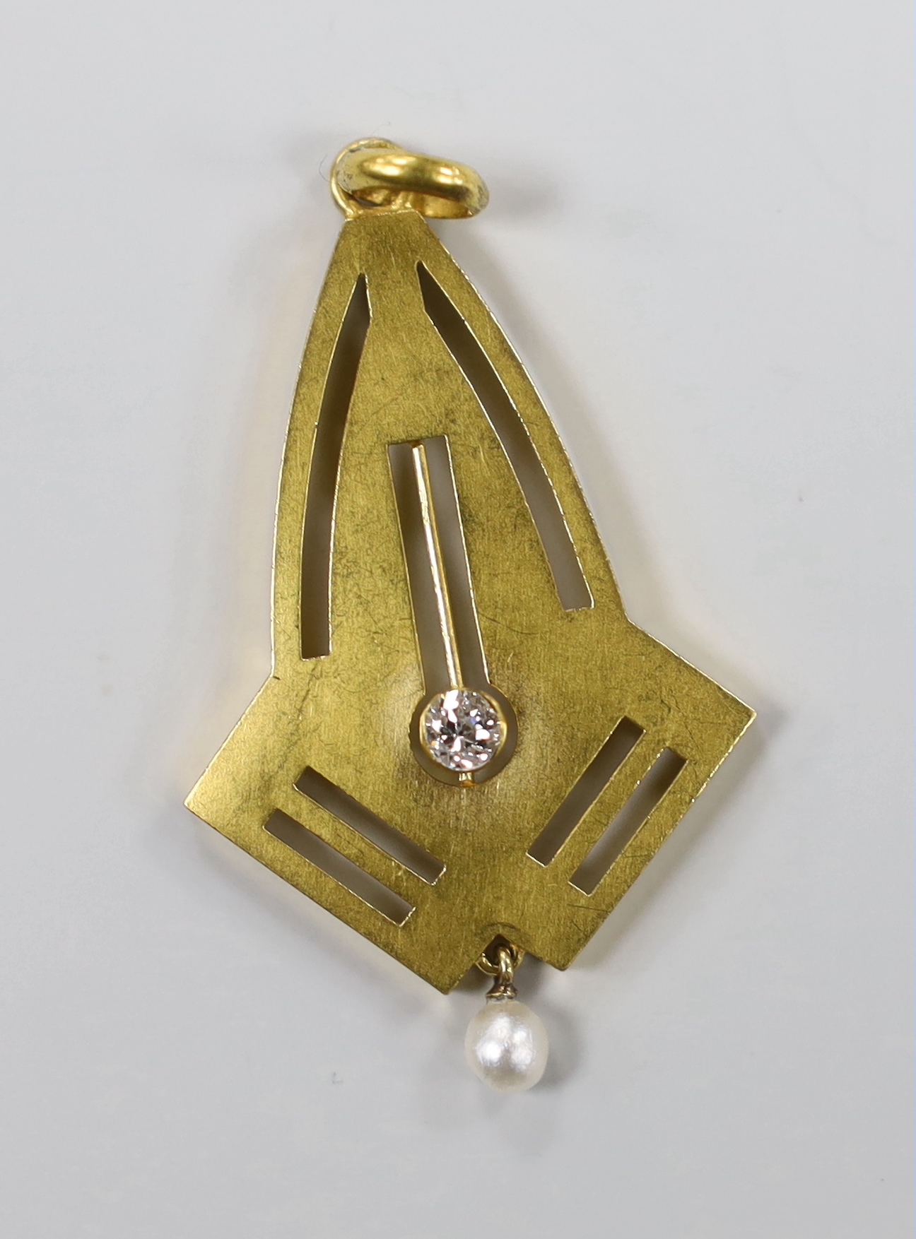 A stylish Art Nouveau style 585 yellow metal, diamond and drop pearl set pendant, 40mm, gross 2.2 grams.